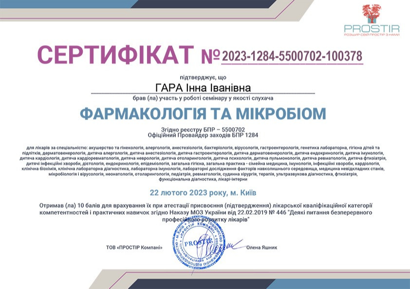 Сертифікат - Фармакологія та мікробіом, PROSTIR, місто Київ, 2023 рік