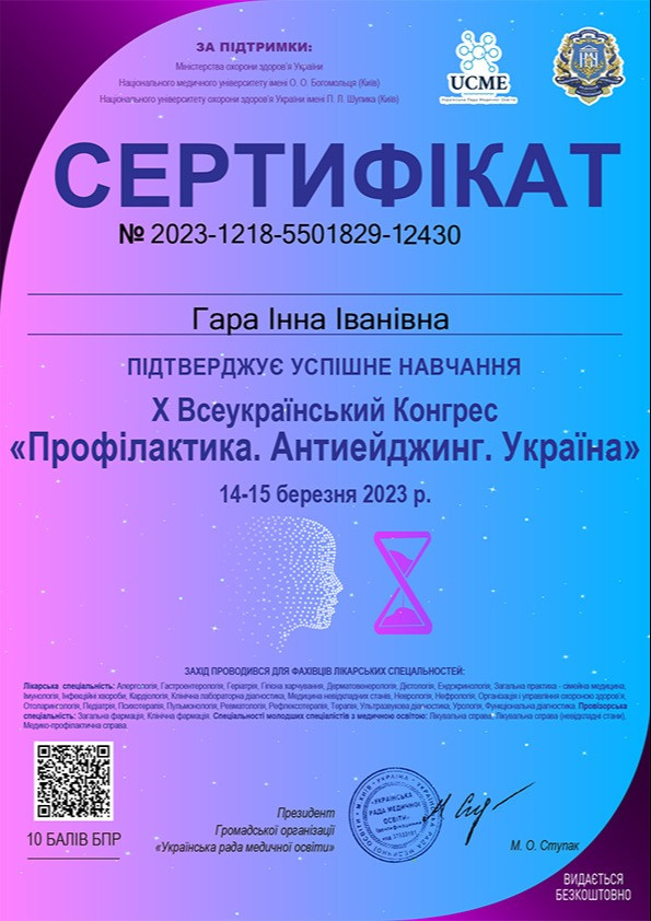 Сертифікат Х Всеукраїнський конгрес Профілактика Антиейджинг Україна