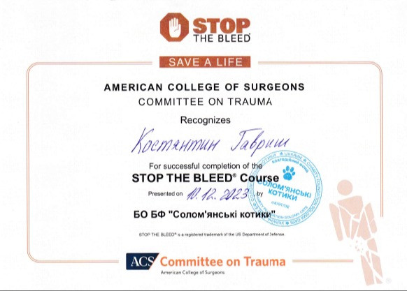 Сертифікат Stop the bleeb Course
