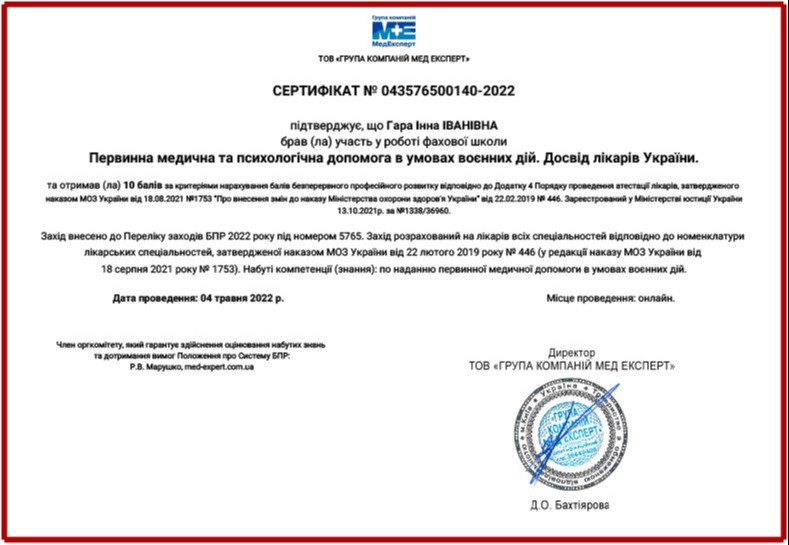 Сертифікат Гара Інна Первинна медична та психологічна допомога в умовах воєнних дій Досвід лікарів України